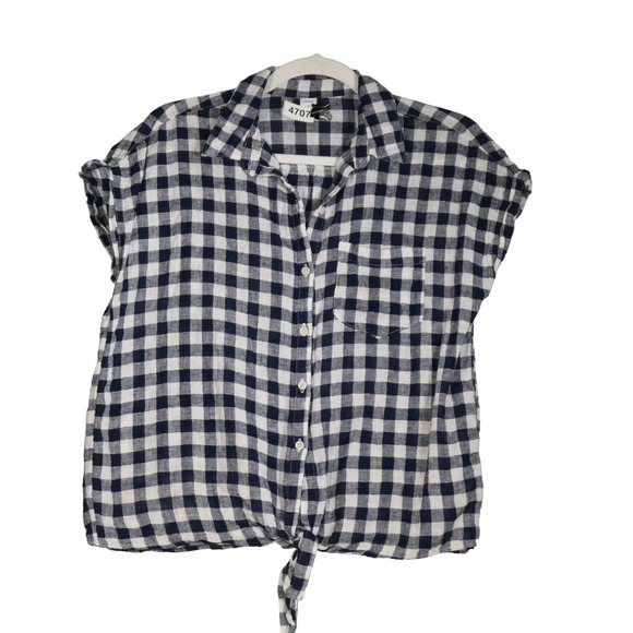 Old Navy Blouse Womens Medium Blue Check Tie Waist Cropped Cotton Linen Blend - Picture 1 of 8